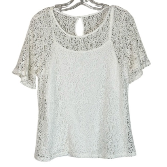 Rickis Short Sleeve Lace Top White Build-In Camisole Delicate Stretch Size M - Picture 2 of 12